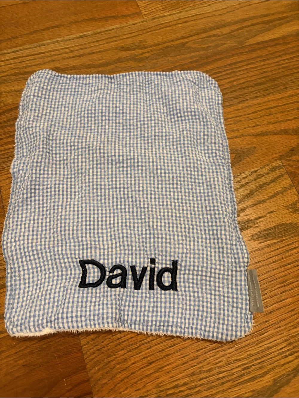 “David” Personalized Blue Seersucker Baby Bib and Burp Cloth Set